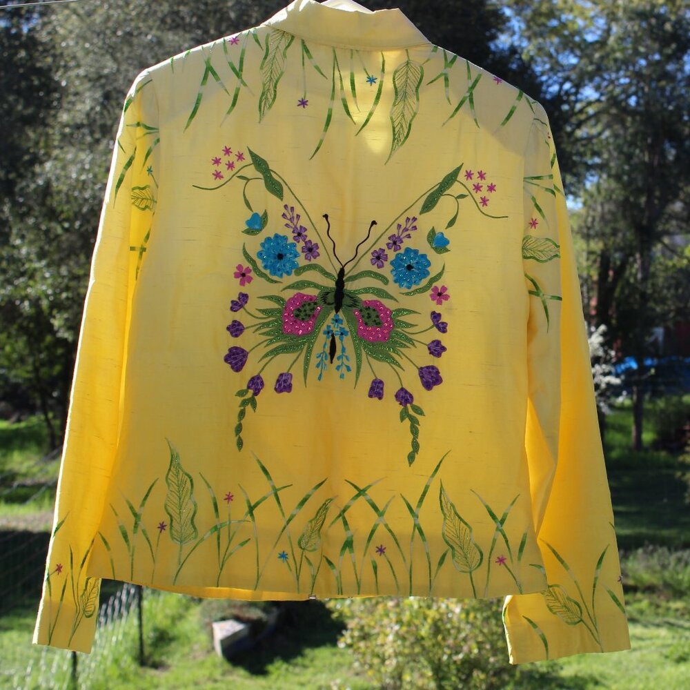 Vintage ANAGE HAND WOVEN SILK OMBRE EMBROIDERED BUTTERFLY JACKET FLORAL  M